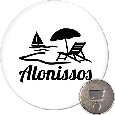 Produktbild von Huuraa Magnet Alonissos Inselmotiv Griechenland 59mm Kühlschrankmagnet rund Flaschenöffner Geschenkidee