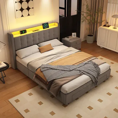 Obrázek produktu pro okwish Čalouněná postel 140×200 se zásuvkami a LED osvětlením,dvoulůžko s úložným prostorem a zásuvkami,postel pro mládež v šedé barvě,bez matrace
