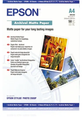 Produktbild von Epson Archival Matte Paper - A4 - 50 Blätter, Matte, 192 g/m², A4, Weiß, 50 Blätter, WorkForce Pro WF-C5790DWF SureColor SC-T7200D SureColor SC-T7200 SureColor SC-T7200 SureColor...