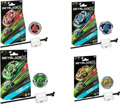 Four sets of Beyblade X toys, each with packaging, a Beyblade, and a launcher, arranged in a collage.