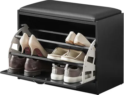 Zdjęcie produktu dla Ławka na buty Rootz z schowkiem – przechylacz do butów – regał na buty – wyściełane siedzisko – oszczędność miejsca – stabilna konstrukcja – 60 cm x 47 cm x 30 cm
