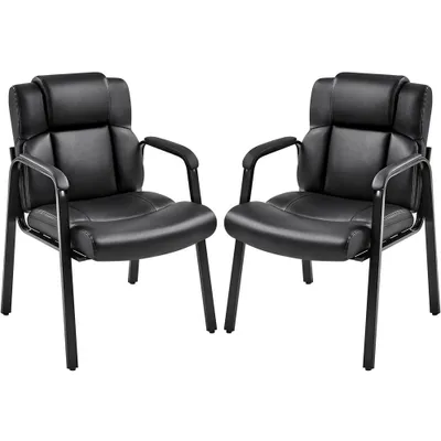 Two black leather chairs with metal frames are shown against a white background.