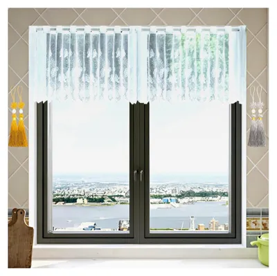 Produktbild von Kurze Scheibengardine 150x50 cm halbtransparent, Bistrogardine mit Schmetterlings- und Blumenstickerei, 1 Stück + 4 Quasten (Gold & Silber) Vorhangset mit Ösen, Küchengardine in Weiß