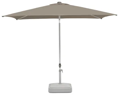 A rectangular patio umbrella with a beige-gray canopy and a light taupe base, shown against a white background.