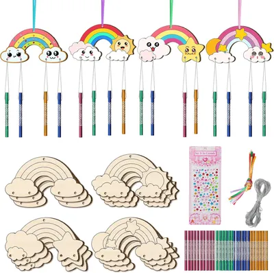 Produktbild von Windspiel Bastelset 12-teilig, Regenbogen Holz, Kreatives Malen, Für Kinder, DIY