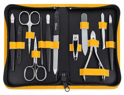 Produktbild von Maniküre Pediküre Set 12-teilig – Nagelpflege Set mit 5 Solingen Qualitätsinstrumenten, Echtleder Etui, gehärteter Stahl –  Germany Gelb, Kroko