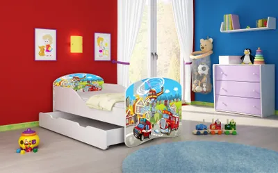 A child's bedroom with a themed bed and toys.