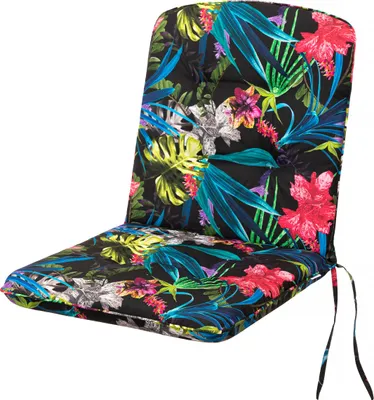A chair cushion with a tropical floral pattern on a white background.