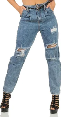 Produktbild von Damen Jeans Hose Risse Hochbund Röhrenjeans Skinny Slim Fit Stretch, Blau-024-2 XS/34