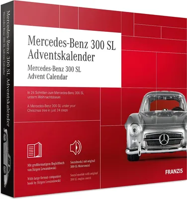 Zdjęcie produktu dla FRANZIS 67129 - Kalendarz adwentowy Mercedes-Benz 300 SL, metalowy model w skali 1:43, z modułem dźwiękowym i 52-stronicową broszurą