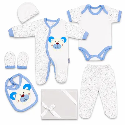 Produktbild von Blue Eyes Baby Geschenk Set 6-teilig, 100% Baumwolle, , geborenen Erstausstattung 0–4 Monate, Panda Blau
