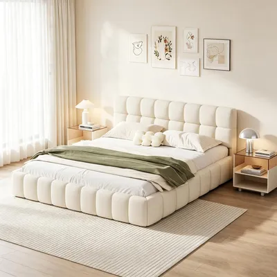 Zdjęcie produktu dla INONEFT Bubble Bett 140x200, łóżko tapicerowane z listew, podwójne łóżko młodzieżowe, rama łóżka z tapicerowanym zagłówkiem, tkanina lniana, kolor beżowy