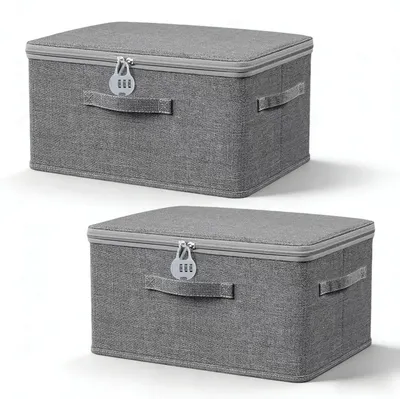 Productafbeelding van Opbergboxen met slot, set van 2 met deksel, van stof, 32 x 24 x 18 cm, inklapbare stoffen boxen met slot, afsluitbare boxen, stapelbare beschermingscontainers voor