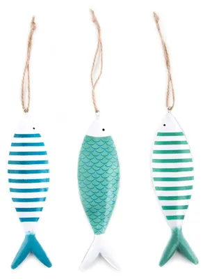Imagen del producto de 6 adornos decorativos con forma de pez, en azul, turquesa y blanco