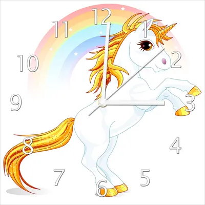 Produktbild von Wallario Design Wanduhr Weißes Einhorn vor einem Regenbogen aus Echtglas, Größe 30 x 30 cm