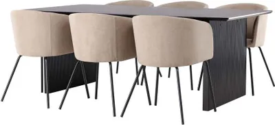 Produktbild von Vail Essgruppe Tisch schwarz und 6 berit Stühle beige.
