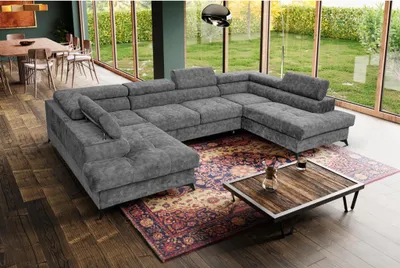 Image de Canapé en U Sorento U 345 cm XXL Canapé d'angle, grand canapé-lit avec coffre de rangement et appuie-tête, tissu : sally 09 - gris