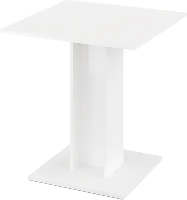 A white square-top table with a pedestal base.