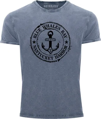 Produktbild von Herren Vintage Shirt Anker Motiv maritim Retro Anchor Badge Vintage Printshirt Used Look Slim Fit Neverless®  blau/schwarz XL