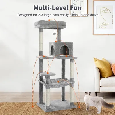 Image de Arbre à chat - Tour pour chat - Quatre niveaux - Poteaux à griffer en sisal - Niche douillette - Hamac - Surface de repos moelleuse en peluche - Pour chats d'intérieur - Vert