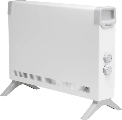 A white electric heater with gray accents and feet, shown against a white background.