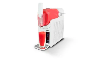 Die Unold Slush-Eismaschine Susi, ein weißes Tischgerät mit transparentem roten Bereich, Digitalanze