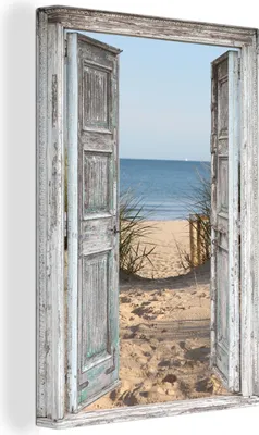 Produktbild von OneMillionCanvasses® - Leinwandbilder - 90x140 cm, Düne - Strand - Aussicht - Sommer, - Geöffnetes Fenster - Fensterblick Schlafzimmer Kunstdruck Wanddekoration - Foto auf Leinwand - Gemälde auf Holzrahmen  - Wandschmucke - Schlafzimmer