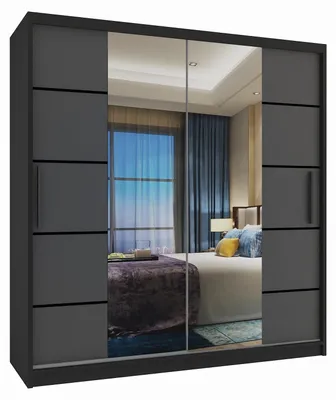 Produktbild von BELINI Verona ME Schiebetürenschrank 158 cm Schwarz/Grau Matt - Kleiderschrank mit Spiegel & 2 Schubladen, Schlafzimmer