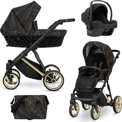 Produktbild von Kunert Ivento Premium 3in1 Kinderwagen in Schwarz/Braun mit Goldrahmen und Zubehör