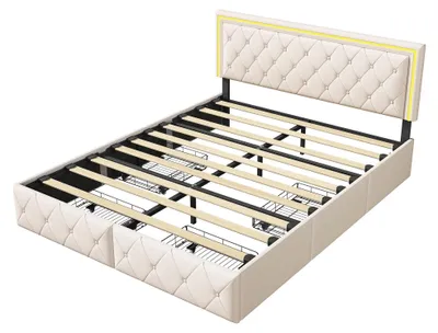 Produktbild von Bett mit Stauraum - Doppelbett 140x200 cm - Kunstleder - Mit 4 Schubladen - Holz- und Metallrahmen - Ohne Matratze - Beige