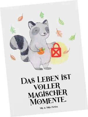 Produktbild von Mr. & Mrs. Panda Ansichtskarte Waschbär Laterne - Weiß - Geschenk, Grußkarte, bildkarte, Trick Or Treat, Postkarten, Kunstkarten, Herbst, Halloween, Dekoration, Postkarte