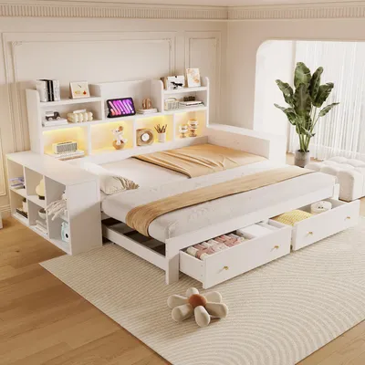 Productafbeelding van Flieks dagbed 90x200 cm met uitschuifbaar bed, kinderbed met leerdetails en lade, slaapbank met houten frame en opbergruimte, wit