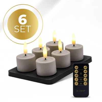Produktbild von KENN® GlowPro™ Wiederaufladbare LED-Teelichter – 6er-Set – Taupe – Bis zu 350 Stunden Leuchtdauer – Mit Fernbedienung – Magnetische Ladestation