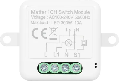 A white smart switch module with wiring diagram and specifications printed on it.
