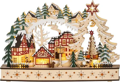 Productafbeelding van Kerstdorp LED - Wintertafereel - Feestelijke Decoratie - Houten Constructie - 45 x 30 cm - Natuurlijk Hout