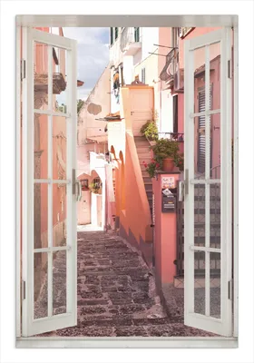 Produktbild von Wallario Wandbild mit Fenster-Illusion: Südländische Gasse- Italien bei Sonnenschein, Größe: 61 x 91,5 cm, Poster mit rahmenlosen Bildhalter