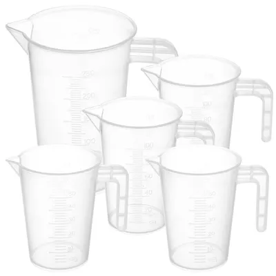 Immagine prodotto di Set di 5 misurini in plastica, capacità 50/100/250 ml, con scala graduata e manico