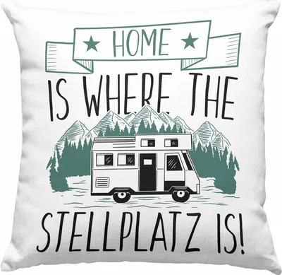 Produktbild von Trendation - Home Is Where The Stellplatz Is Deko-Kissen mit Füllung 40x40 Geschenk Wohnmobil Camper Wohnmobilfahrer Geschenkidee Lustig (Grau)
