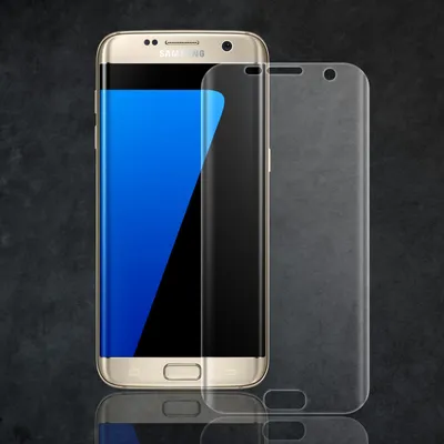A gold Samsung Galaxy S7 Edge smartphone is shown next to a clear screen protector.