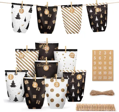 Produktbild von Adventskalender zum Selbstbefüllen - 24 Weihnachtskalender-Geschenktüten - Papier-Adventsbeutel zum Befüllen mit Nummernaufklebern - Holz-Klemmer