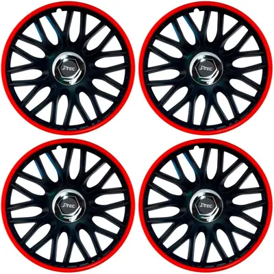 Produktbild von Radkappen, Radblenden 15 Zoll in Schwarz-Rot-Matt mit Chromnabe für PKW-Stahlfelgen, 4er-Satz