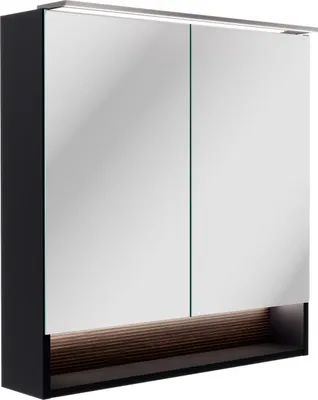 A modern bathroom cabinet with mirrored doors and integrated LED lighting.