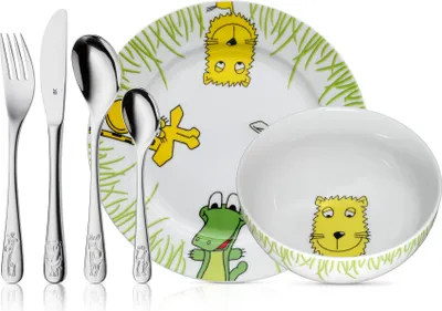 Image de WMF Ensemble de couverts pour enfants 6-pièces Safari, Toddler cutlery set, Vert, Acier inoxydable, Blanc, Porcelaine, Acier inoxydable, 3 année(s), 16,5 cm, 18,5 cm