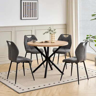 Produktbild von Essgruppe 5-teilig - Runder Esstisch - 4 gepolsterte Stühle - Metallgestell - Minimalistisch moderner Stil - Dunkelgrau