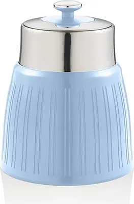 A light blue storage container with a silver lid.