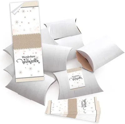 Produktbild von 50 kleine Geschenkschachteln Geschenk-Boxen Kartons, weiß 14,5 x 10,5 + 3 cm mit Aufkleber Banderole beige weiß schwarz WUNDERBARE WEIHNACHTEN - selber basteln und befüllen