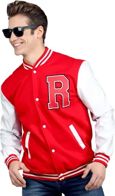 A man wearing a red and white college jacket and sunglasses.