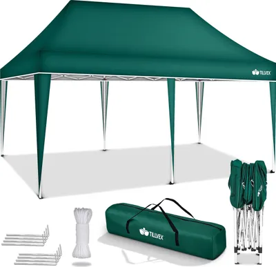 A green pop-up canopy tent and its accessories are displayed against a white background.