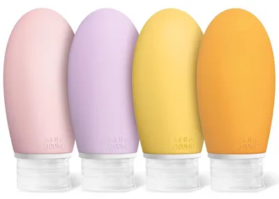 Productafbeelding van Siliconen reisflessen set, 4 stuks, 100 ml, lekvrij, navulbaar, kleuren: geel, oranje, roze, paars