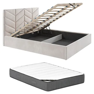 Produktbild von Bett mit Bettkasten - 200 x 200 cm - Strukturstoff - Creme + Matratze - JUSTANI